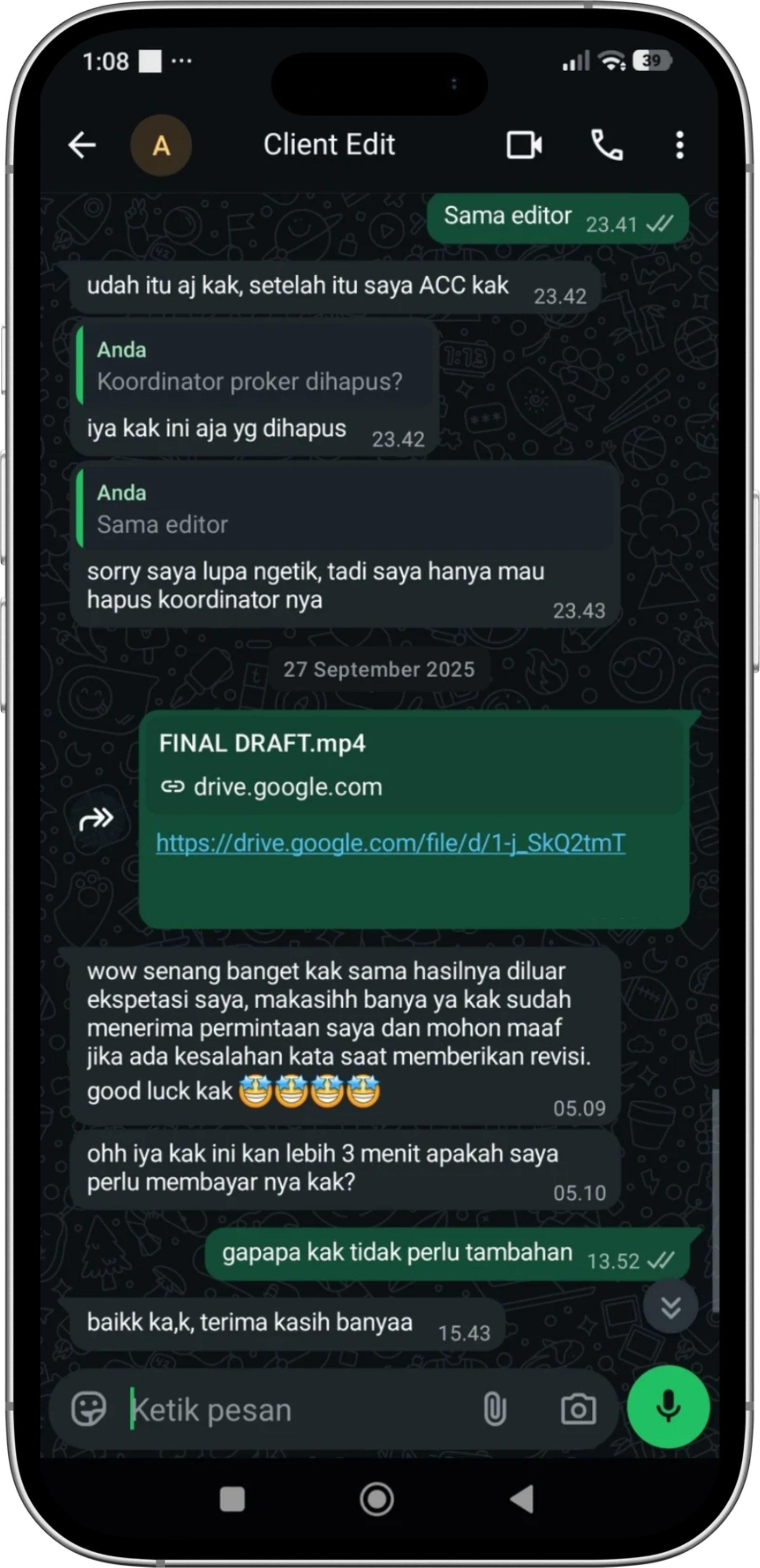 Feedback klien jasa editing teaser LENSAKU CREATIVE